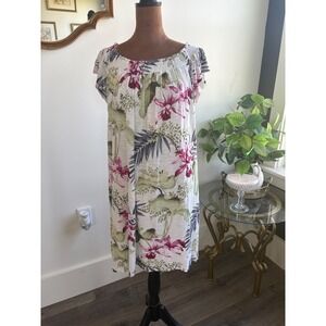 Tommy‎ Bahama Floral Print Knit Dress Smocked Neckline Casual White L/G